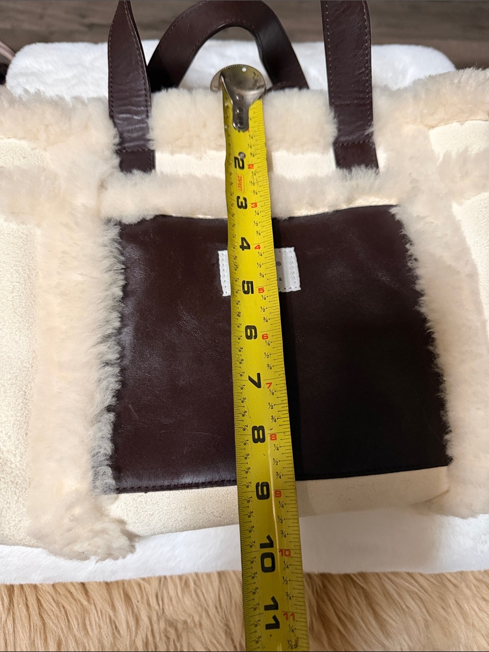 UGG Australia Tote Bag Fur Trimmed, Cream Color Suede w/ Brown Leather Front - Picture 8 of 10